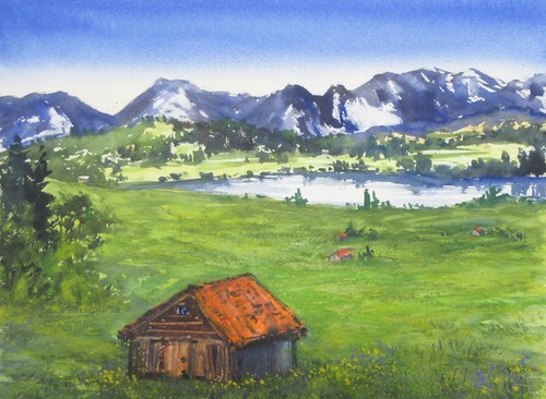 Landschaftsaquarell hütte - , "hütte